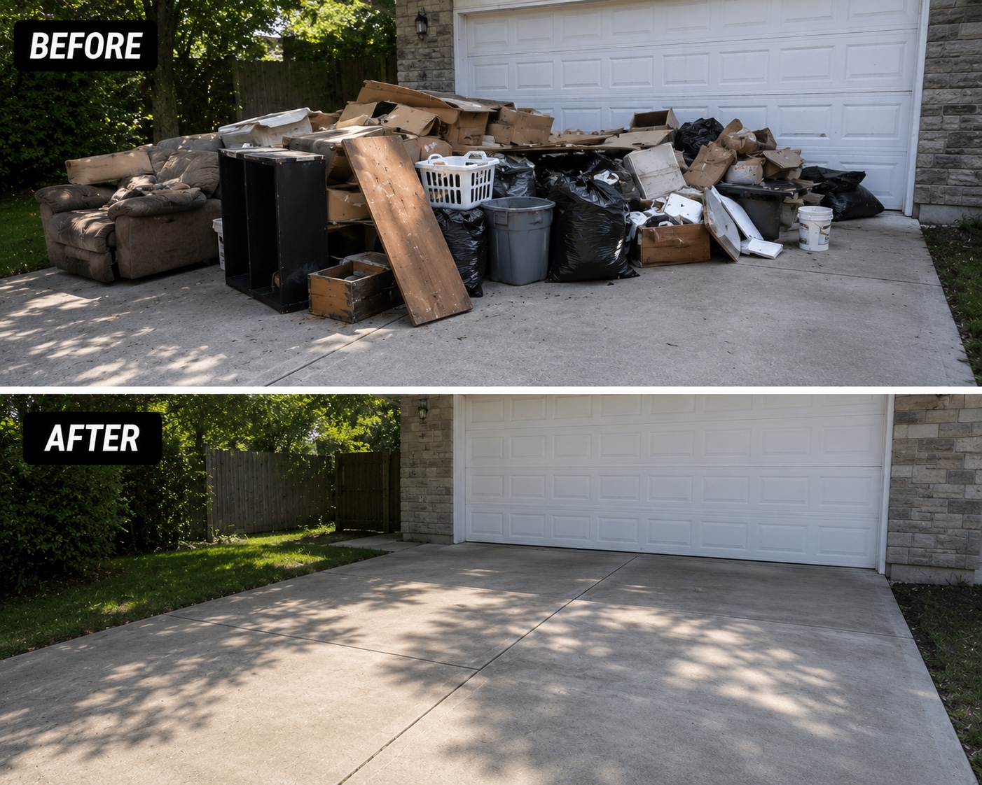 Before and after of a driveway junk removal cleanup